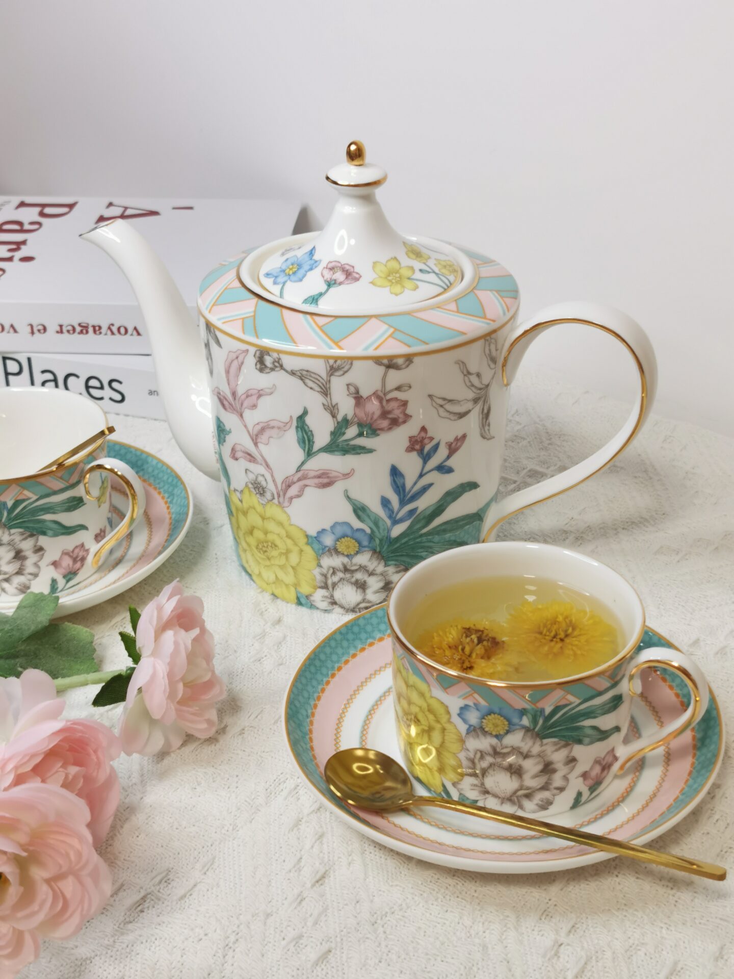 Click to view full screen Milan Flower English Tea Set Bone China Teapot Set photo review