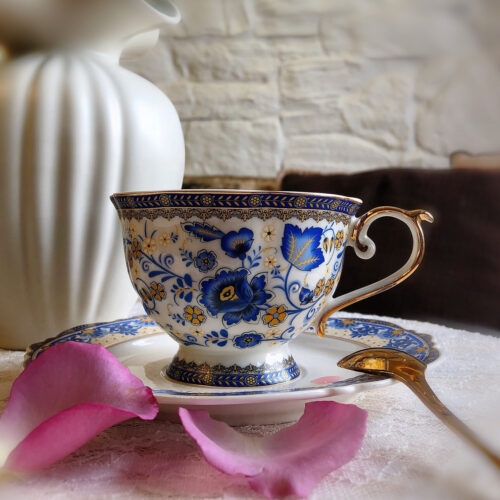 Vintage Tea Cup and Saucer Set Porcelain Blue White photo review