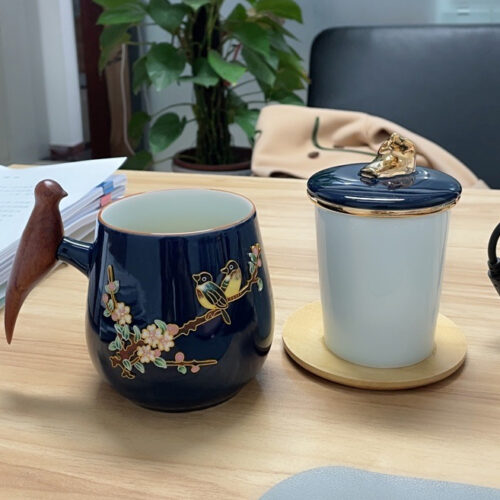 Birds Flowers Tea Mug with Infuser Lid Coaster Customized photo review