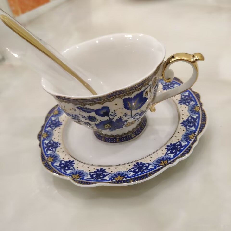 Click to view full screen Vintage Tea Cup and Saucer Set Porcelain Blue White photo review