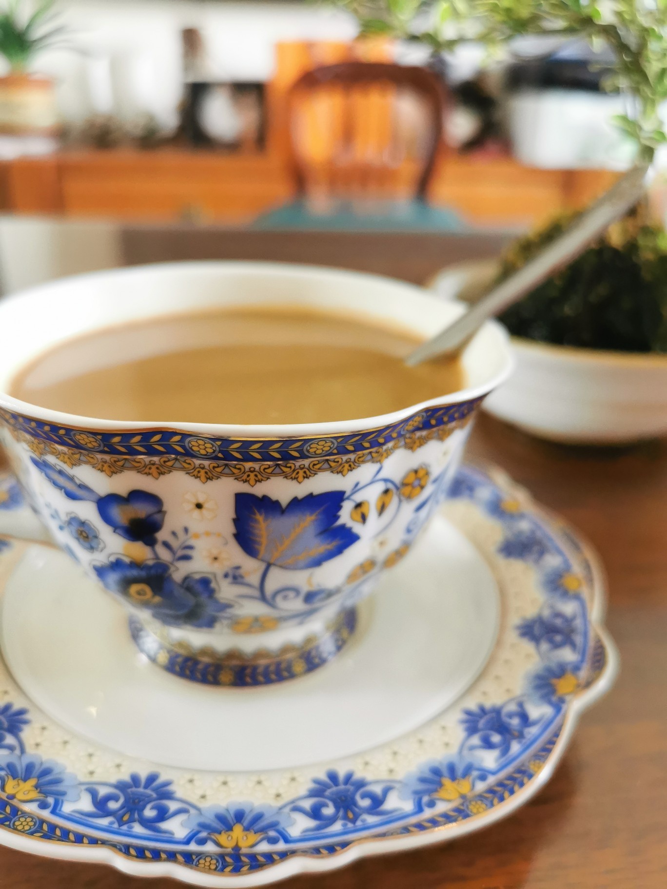 Click to view full screen Vintage Tea Cup and Saucer Set Porcelain Blue White photo review