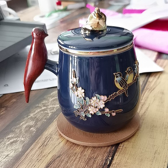 Birds Flowers Tea Mug with Infuser Lid Coaster Customized photo review