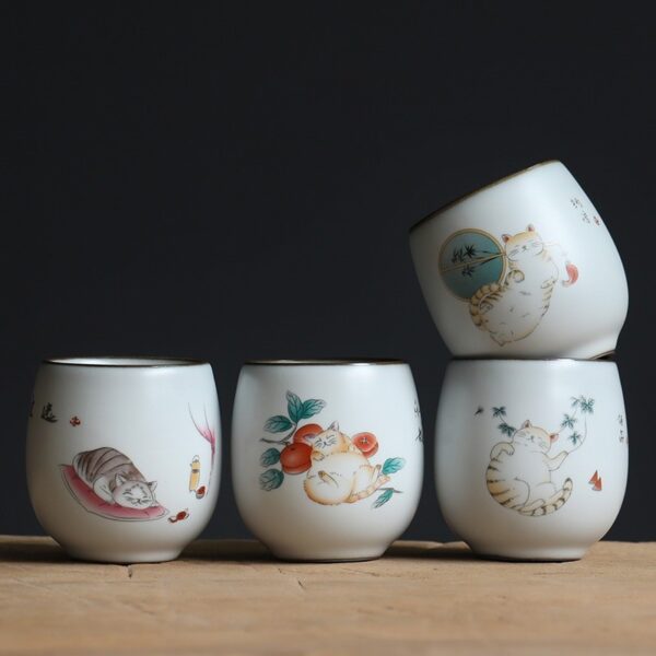 Delicate Ceramic Chinese Kung Fu Teacup with Cute Cat Pattern 100ml 1