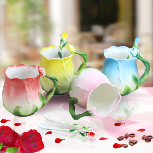 Creative Rose Ceramic Tea Mug With Spoon 2