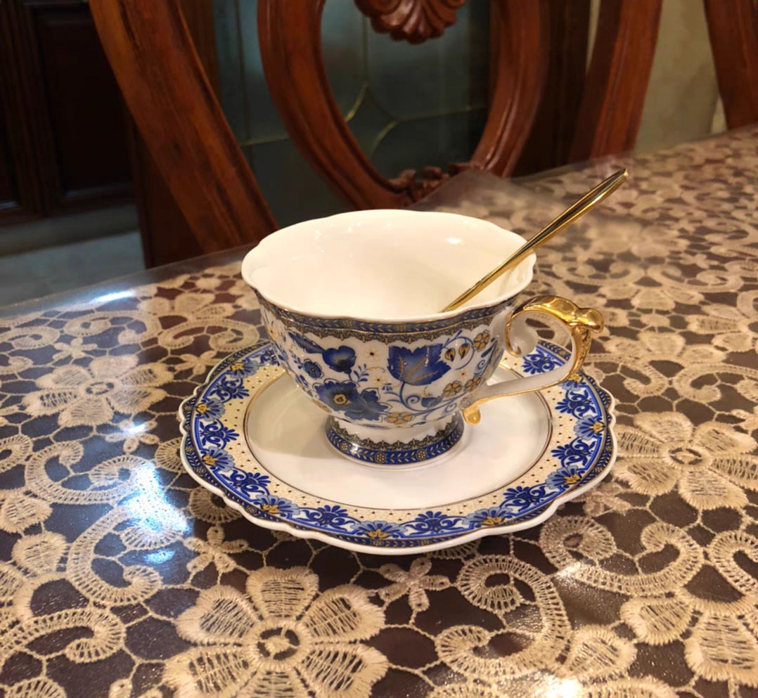 Click to view full screen Vintage Tea Cup and Saucer Set Porcelain Blue White photo review