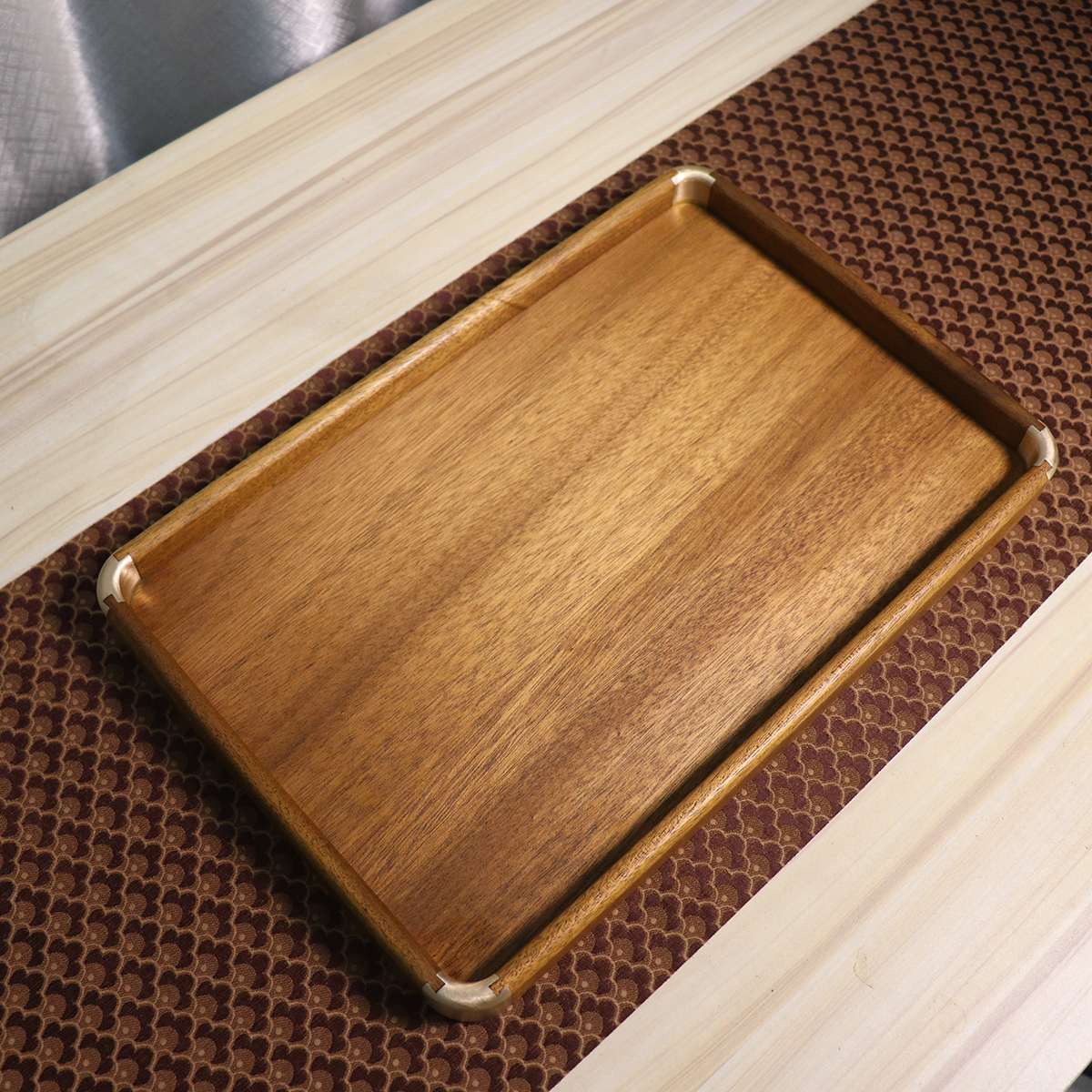 Click to view full screen Natural Walnut Tea Tray with Brass Corners photo review