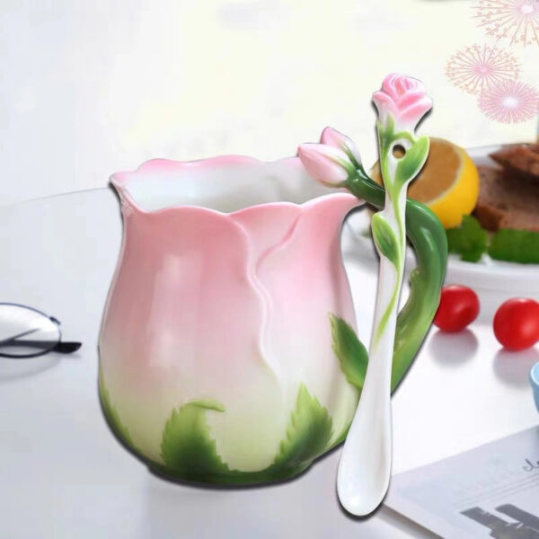 Creative Rose Ceramic Tea Mug With Spoon 3