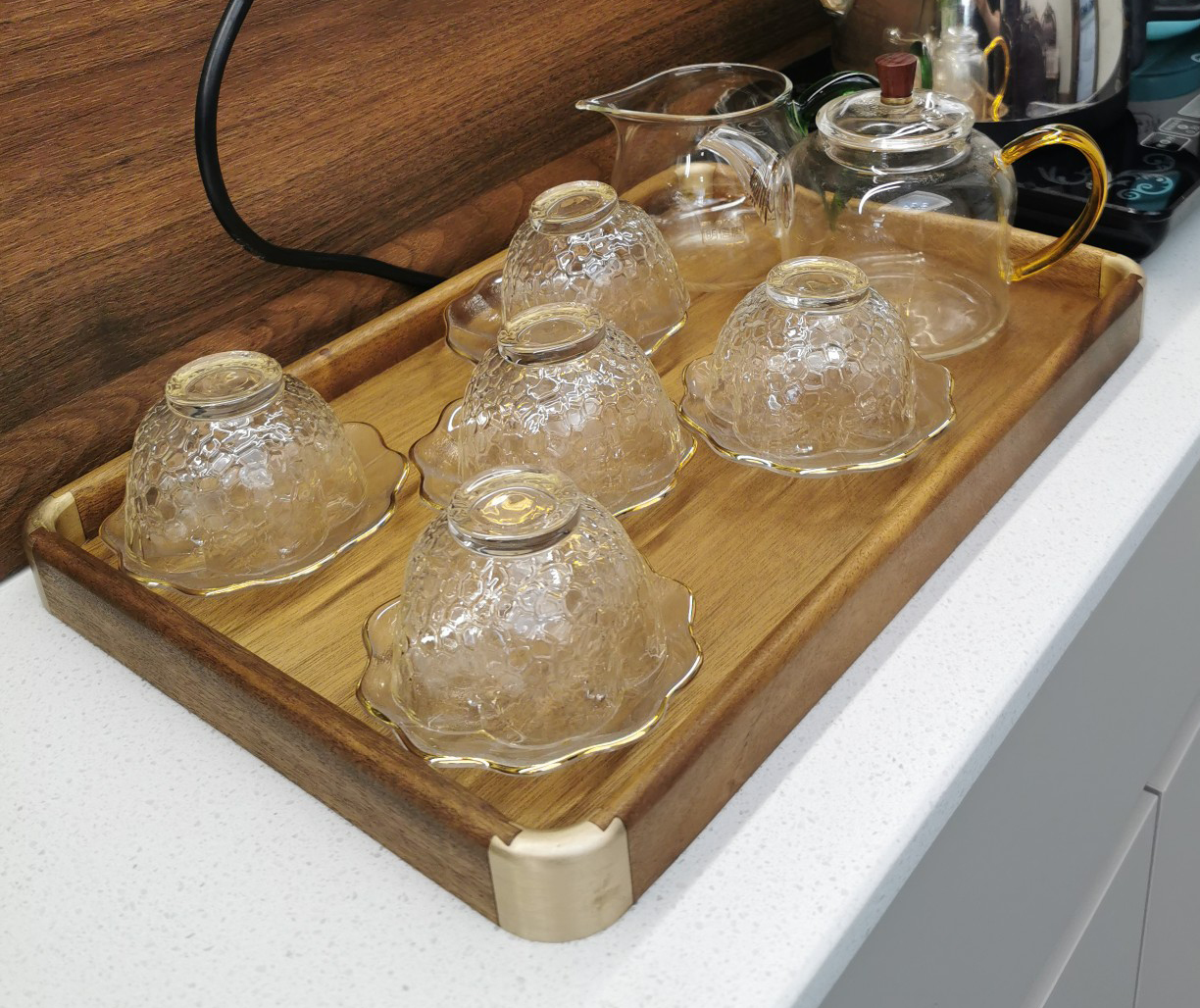 Click to view full screen Natural Walnut Tea Tray with Brass Corners photo review