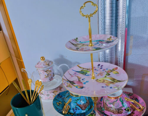 Click to view full screen Pink Bird Cake Stand Bone China Tiered Server photo review