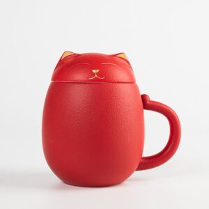 TC0PY001 1 Piece Red Cat Tea Mug with Infuser and Lid 12 OZ