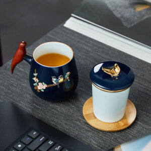 TC1GQ233 d3 Birds Flowers Tea Mug with Infuser Lid Coaster Customized