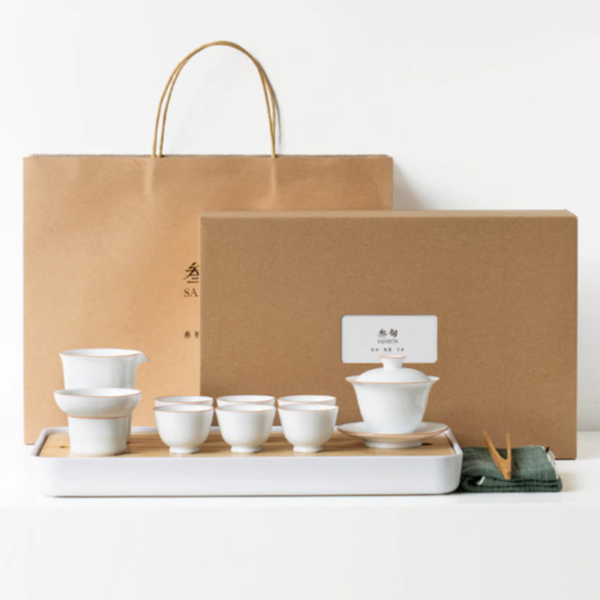 TS0SX062 8 Pure White Gaiwan Gongfu Tea Set Porcelain with Tray