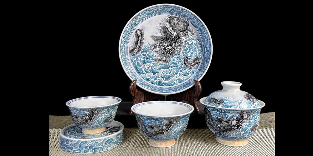 TSB01CC001 D1 Jingdezhen Chinese Dragon Gaiwan Tea Set Porcelain 5 Pieces