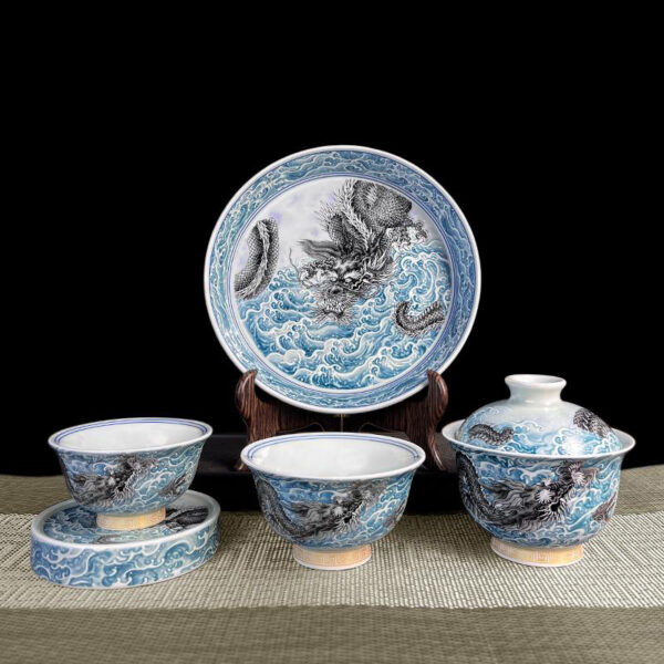 TSB01CC001 V1 Jingdezhen Chinese Dragon Gaiwan Tea Set Porcelain 5 Pieces