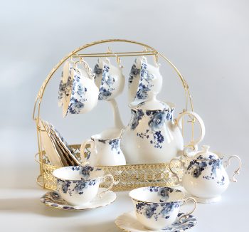 blue and white tea set with stand