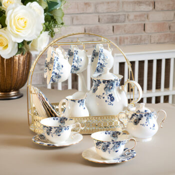 Floral English Tea Set with Rack Porcelain Teapot Set