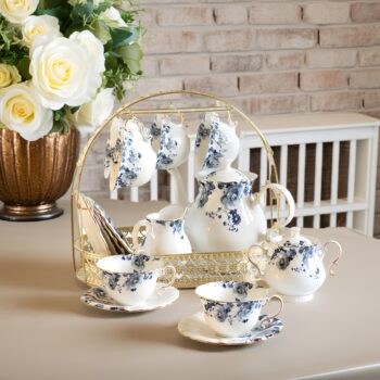 Floral English Tea Set with Rack Porcelain Teapot Set