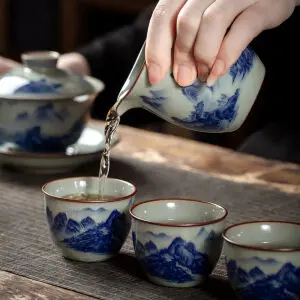  Blue Tea 3種せっと Great Wave Tea Set 20oz Tea Pot with 4 Hexagon Cups by Urban