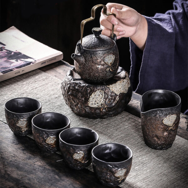 TSB17BB015 F Lotus Pottery Japanese Tea Set with Warmer