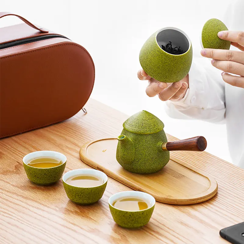 Portable Japanese Travel Tea Set Ceramic with Case - Image 3
