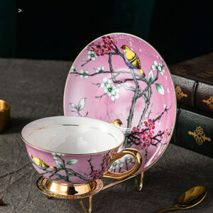 TSB18BB004 1 Bird Tea Cup and Saucer Set Bone China Pink