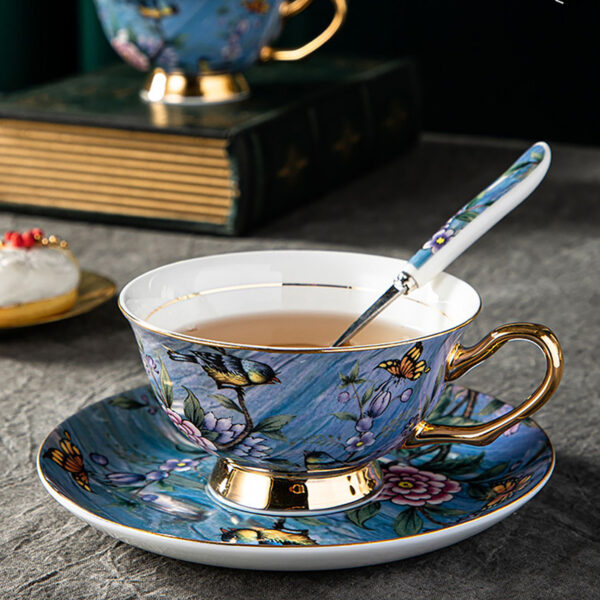 TSB18BB017 5 Bird Tea Cup and Saucer Set Bone China Blue