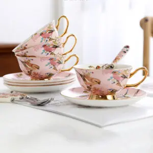 横井 巴、「TEA CUP AND FLOWER」カラーメゾチント画集 Pink Bird Tea Cup and Saucer Set Bone China - Teasetbox.com