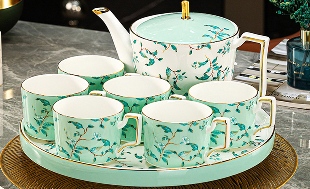 TSB18BB022 D3 Green Leaf Tea Set Porcelain Teapot Set with Tray