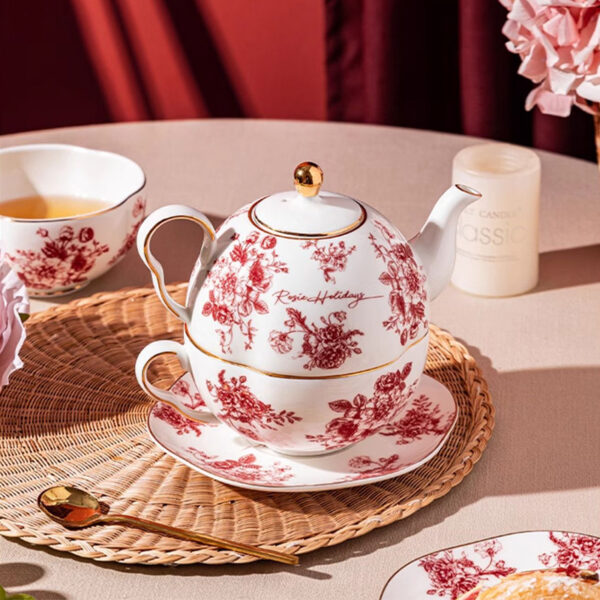 TSB21BB005 1 Rose Tea for One Set Porcelain Teapot Set Red