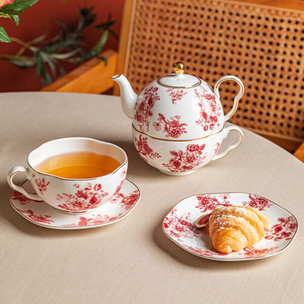 TSB21BB005 7 Rose Tea for One Set Porcelain Teapot Set Red