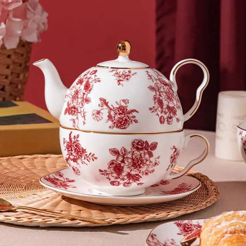 Rose Tea for One Set Porcelain Teapot Set Red - Teasetbox.com
