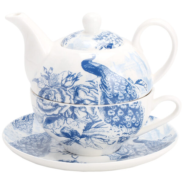 TSB21BB010 1 Peacock Tea Set for One Porcelain Teapot Blue and White