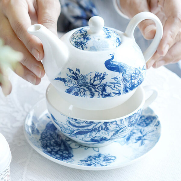 TSB21BB010 2 Peacock Tea Set for One Porcelain Teapot Blue and White