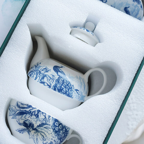 TSB21BB010 8 Peacock Tea Set for One Porcelain Teapot Blue and White