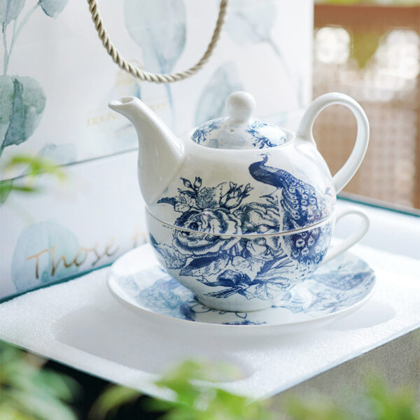 TSB21BB010 D2 Peacock Tea Set for One Porcelain Teapot Blue and White