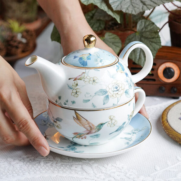 TSB21BB012 3 Bird Floral Tea Set for One Porcelain Teapot Blue