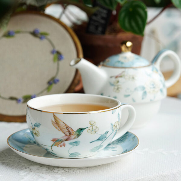 TSB21BB012 4 Bird Floral Tea Set for One Porcelain Teapot Blue