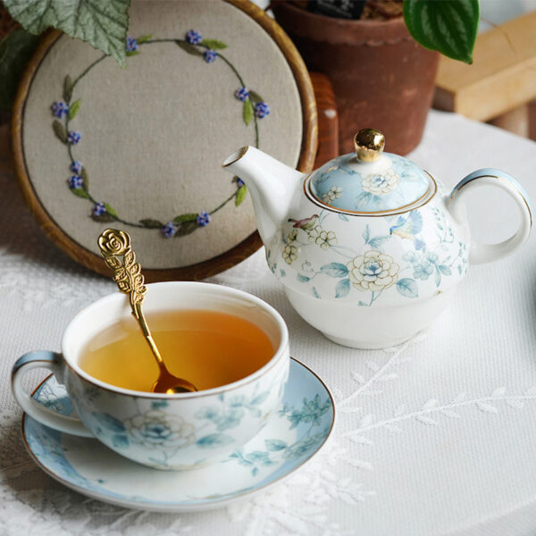 TSB21BB012 5 Bird Floral Tea Set for One Porcelain Teapot Blue