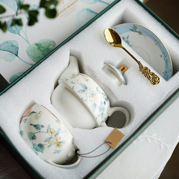 TSB21BB012 8 Bird Floral Tea Set for One Porcelain Teapot Blue