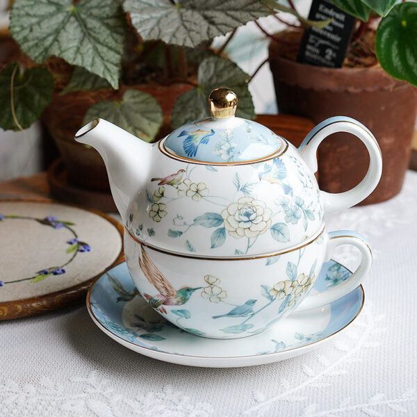 TSB21BB012 F Bird Floral Tea Set for One Porcelain Teapot Blue