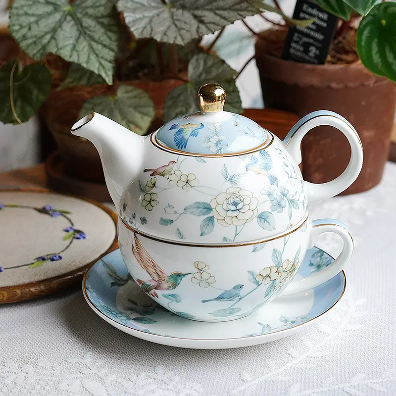 Bird Floral Tea Set for One Porcelain Teapot Blue