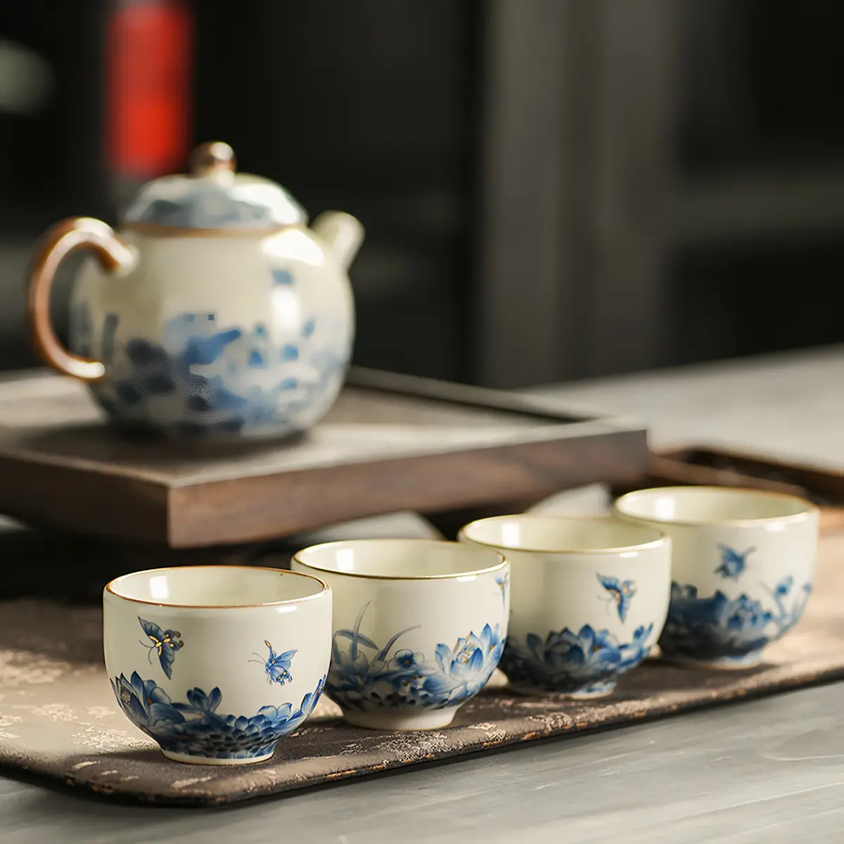 Butterfly Chinese Gongfu Tea Set Porcelain Blue and White - Image 2