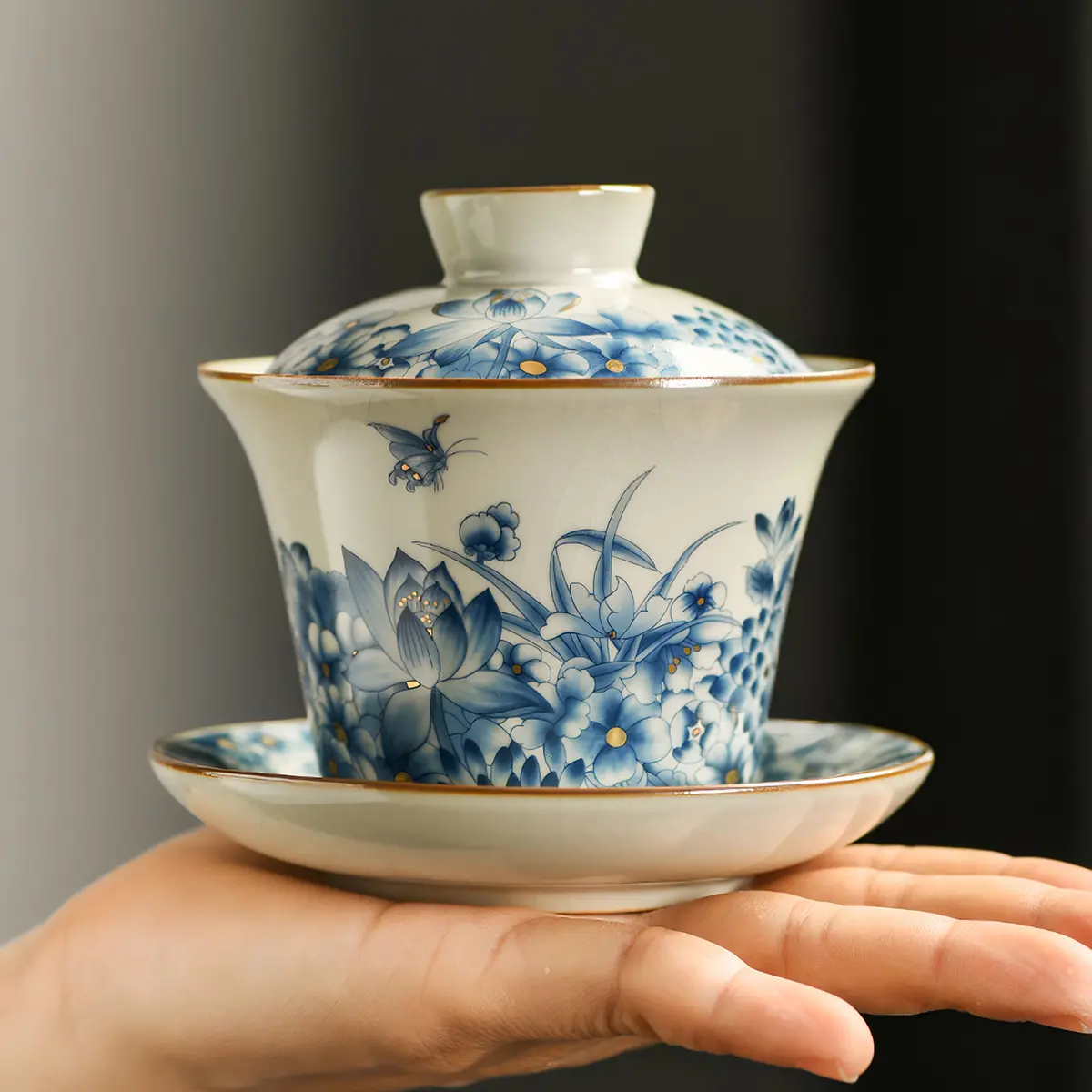 Butterfly Chinese Gongfu Tea Set Porcelain Blue and White - Image 3