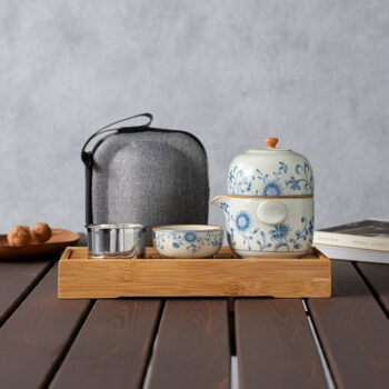 Vintage Chinese Travel Gaiwan Tea Set Blue and White