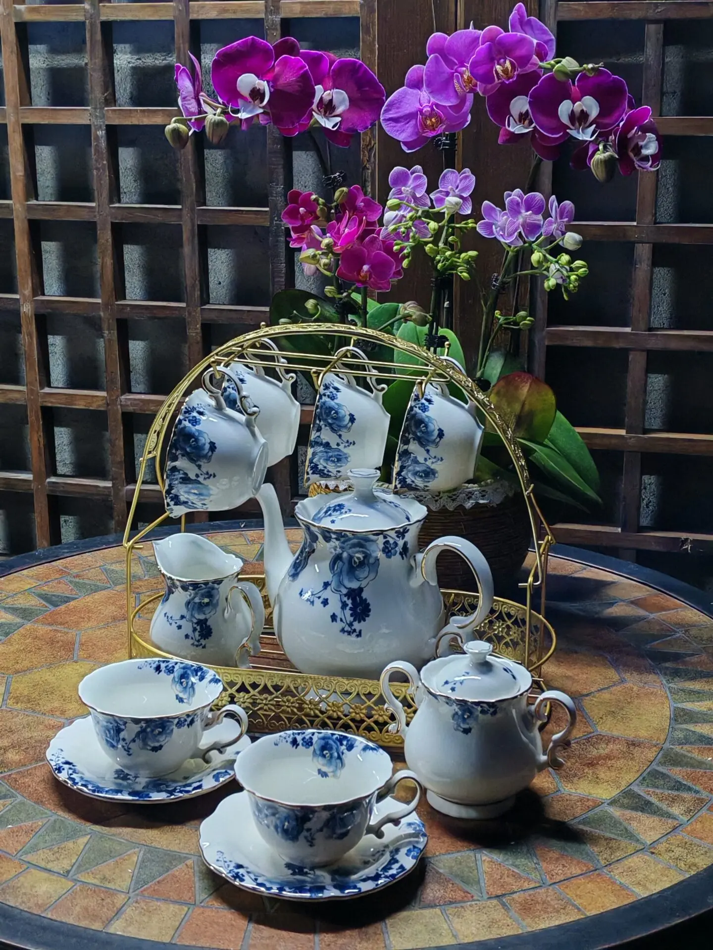 Click to view full screen blue and white floral porcelain English tea set